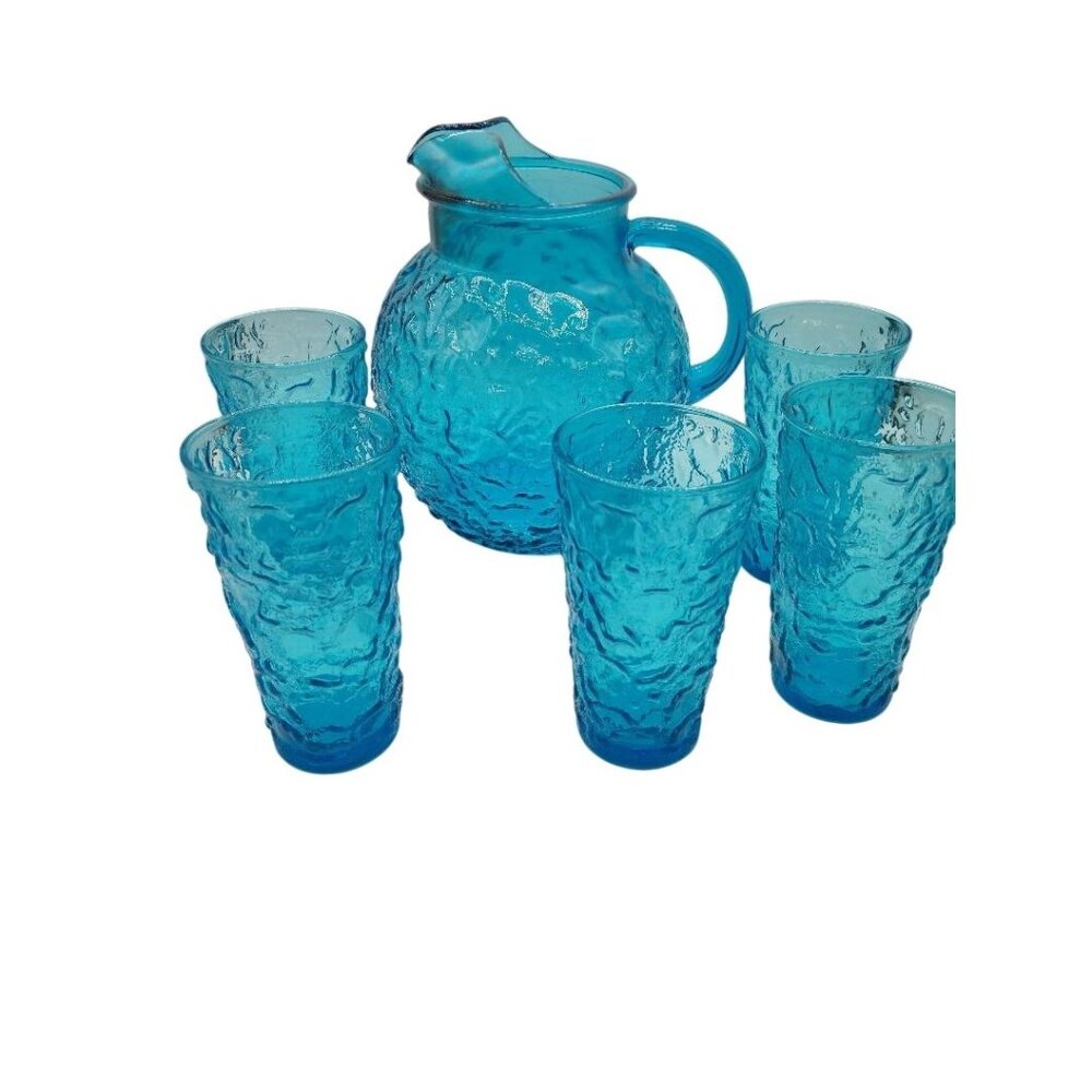 Vintage Anchor Hocking Textured Blue Glass Pitcher (8" Tall) & 5 Matching Glasse